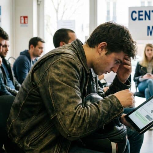 Candidat qui révise le code moto ETM sur tablette avant l'examen théorique moto