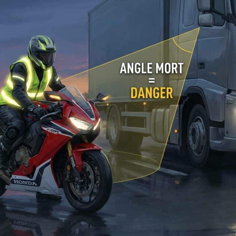 Motard visible sur la route grâce à son équipement réfléchissant, illustration de la sécurité face aux angles morts