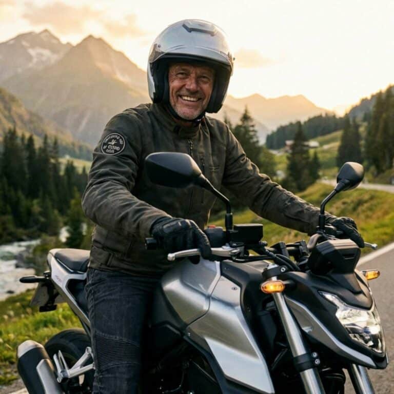 Motard souriant sur une route de montagne, symbole de liberté et de plaisir de conduire à moto en 2026